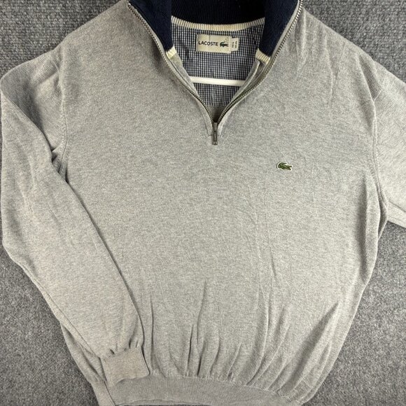 Lacoste Men 1/4 Zip Sweater Knit Croc Logo Gray Pullover US XL All Cotton Adult - Picture 1 of 16
